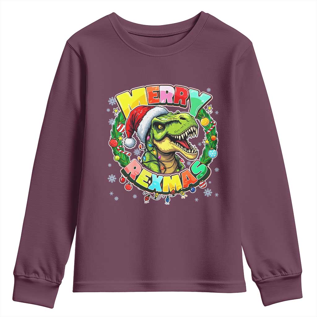 Funny Christmas Dinosaur Youth Sweatshirt Merry Rexmas Dino Xmas Wreath - Wonder Print Shop