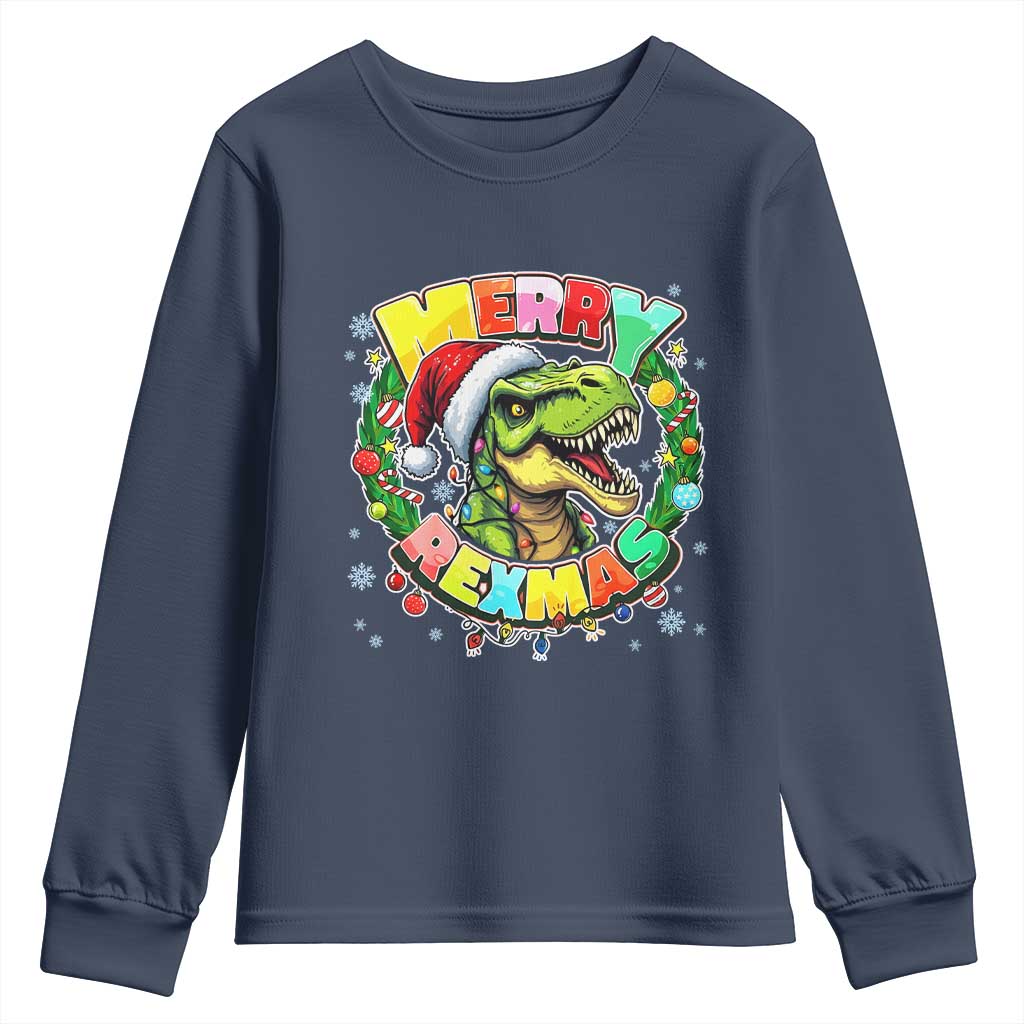 Funny Christmas Dinosaur Youth Sweatshirt Merry Rexmas Dino Xmas Wreath - Wonder Print Shop