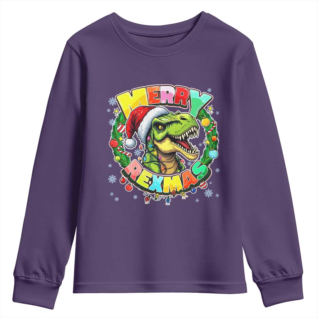 Funny Christmas Dinosaur Youth Sweatshirt Merry Rexmas Dino Xmas Wreath - Wonder Print Shop