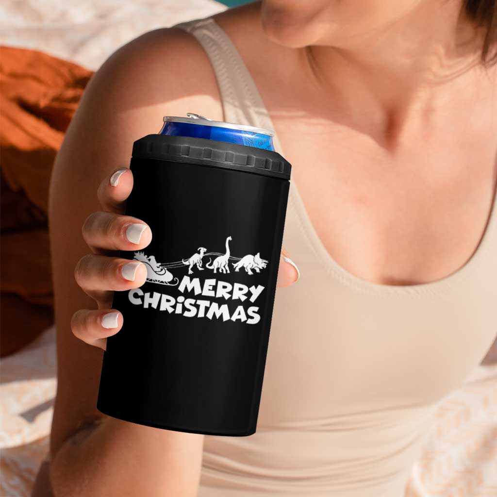 Funny Xmas Dinosaur 4 in 1 Can Cooler Tumbler Merry Christmas Dino Santa's Sleigh - Wonder Print Shop