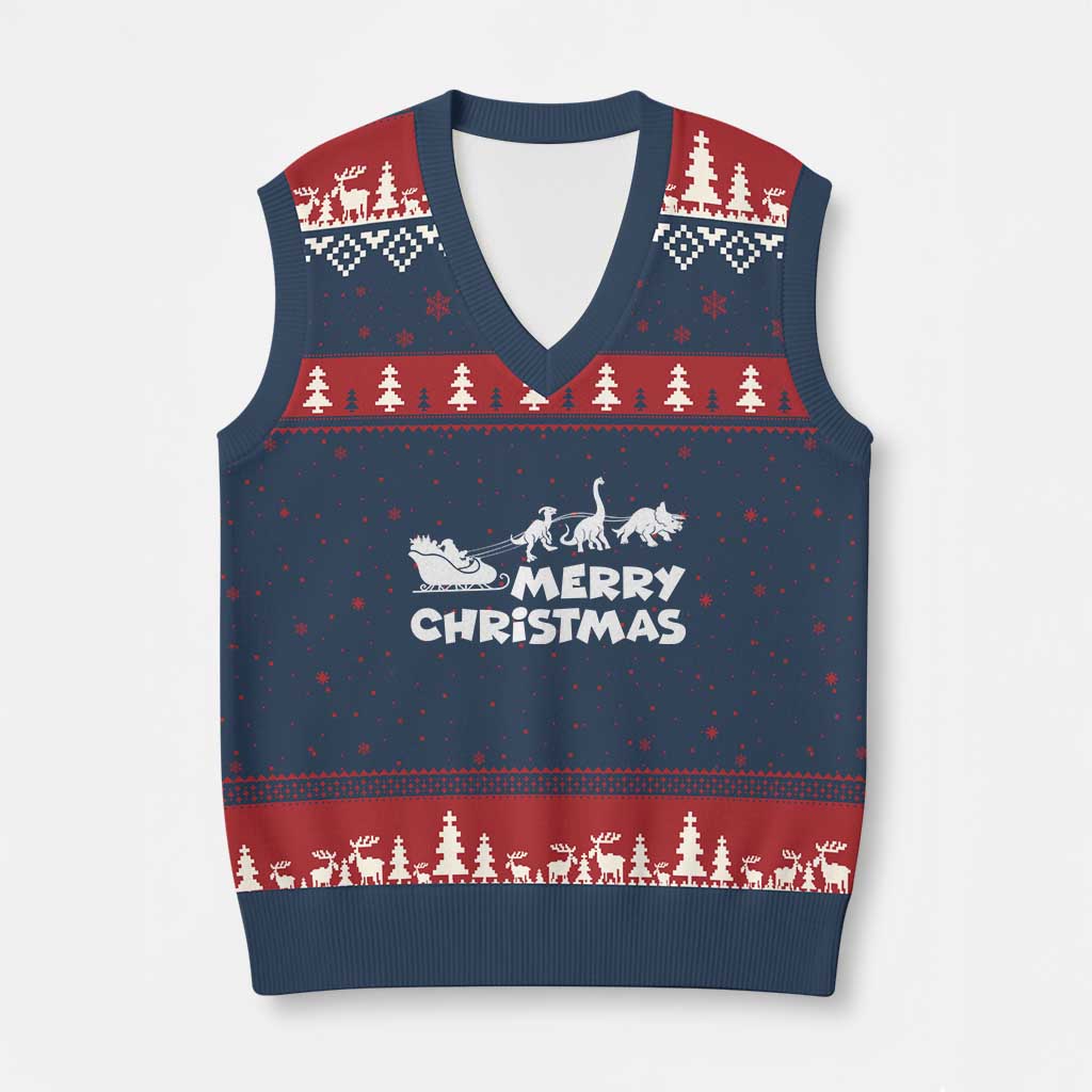 Funny Xmas Dinosaur V-Neck Knit Sweater Vest Merry Christmas Dino Santa's Sleigh - Wonder Print Shop