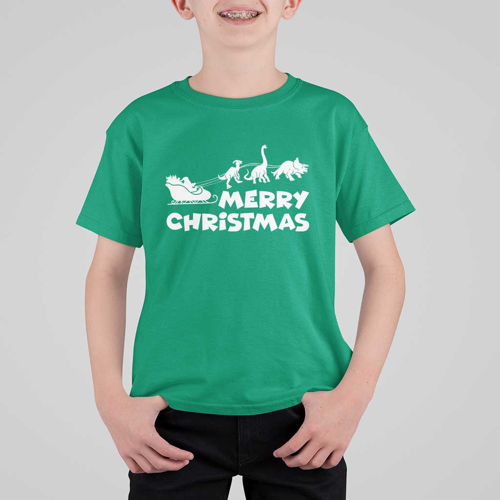 Funny Xmas Dinosaur T Shirt For Kid Merry Christmas Dino Santa's Sleigh - Wonder Print Shop