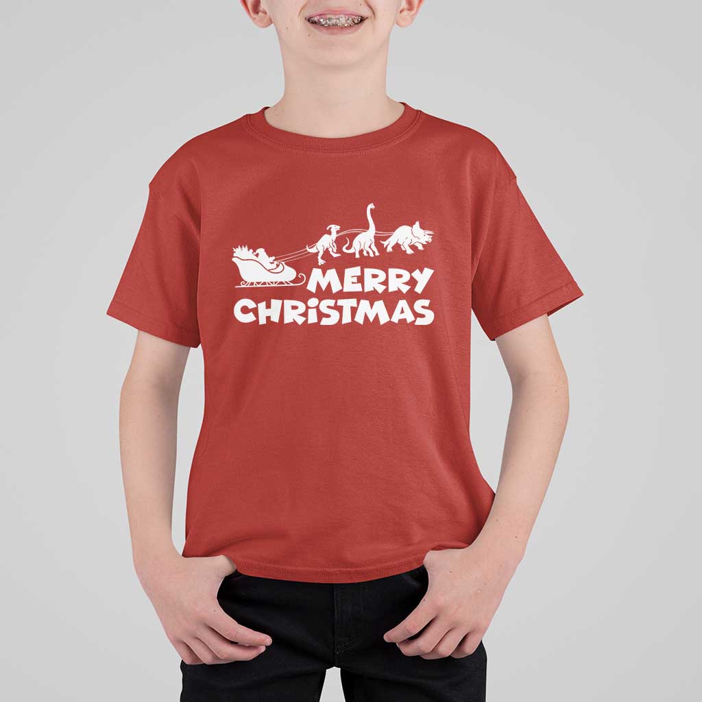 Funny Xmas Dinosaur T Shirt For Kid Merry Christmas Dino Santa's Sleigh - Wonder Print Shop
