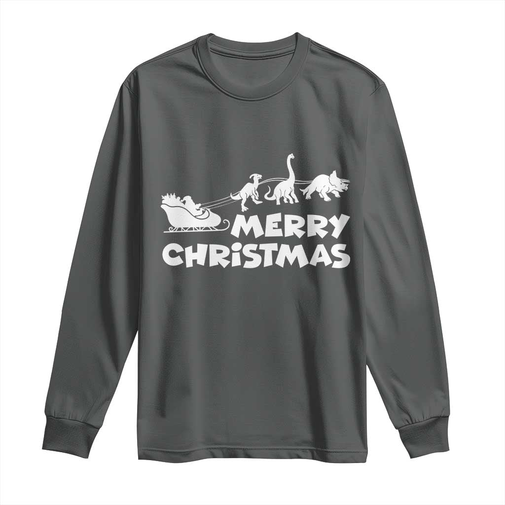 Funny Xmas Dinosaur Long Sleeve Shirt Merry Christmas Dino Santa's Sleigh - Wonder Print Shop