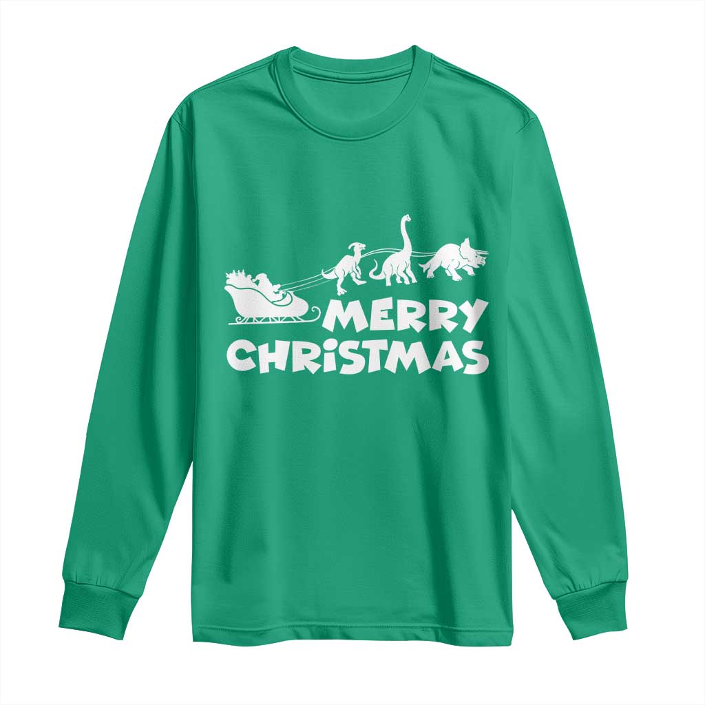 Funny Xmas Dinosaur Long Sleeve Shirt Merry Christmas Dino Santa's Sleigh - Wonder Print Shop