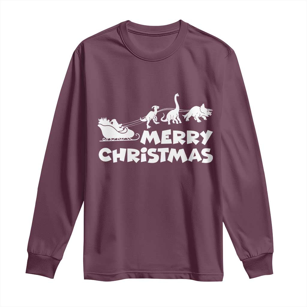 Funny Xmas Dinosaur Long Sleeve Shirt Merry Christmas Dino Santa's Sleigh - Wonder Print Shop