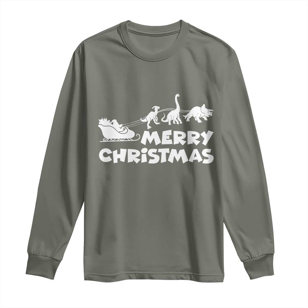 Funny Xmas Dinosaur Long Sleeve Shirt Merry Christmas Dino Santa's Sleigh - Wonder Print Shop