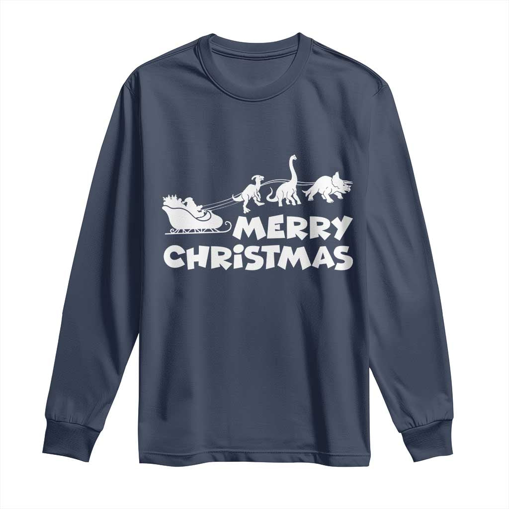 Funny Xmas Dinosaur Long Sleeve Shirt Merry Christmas Dino Santa's Sleigh - Wonder Print Shop
