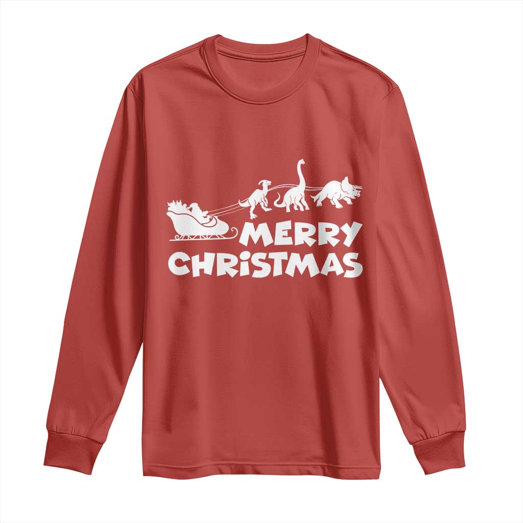 Funny Xmas Dinosaur Long Sleeve Shirt Merry Christmas Dino Santa's Sleigh - Wonder Print Shop