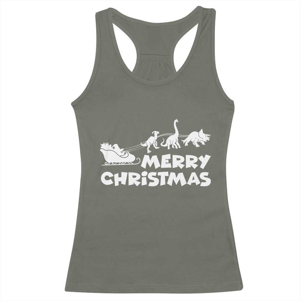 Funny Xmas Dinosaur Racerback Tank Top Merry Christmas Dino Santa's Sleigh - Wonder Print Shop