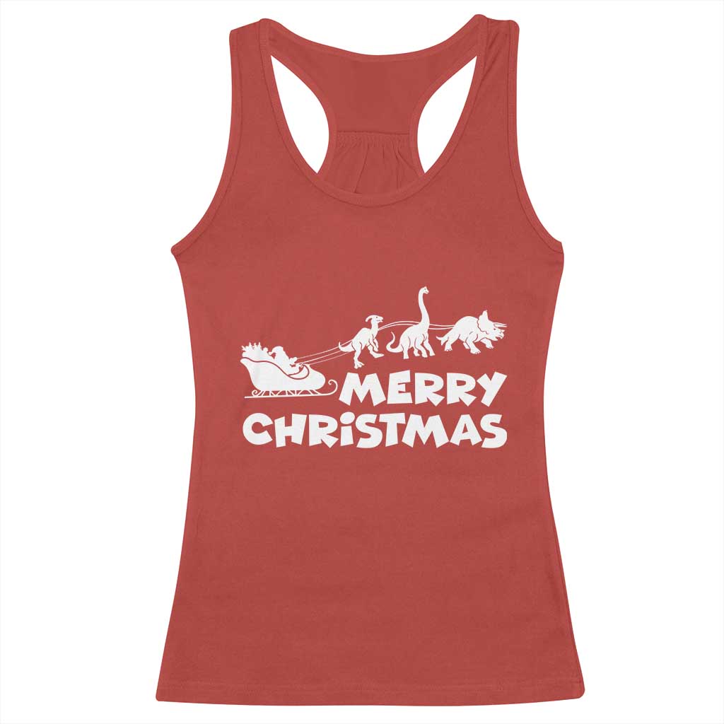 Funny Xmas Dinosaur Racerback Tank Top Merry Christmas Dino Santa's Sleigh - Wonder Print Shop