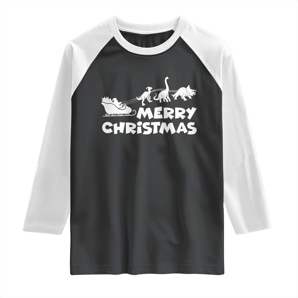 Funny Xmas Dinosaur Raglan Shirt Merry Christmas Dino Santa's Sleigh - Wonder Print Shop