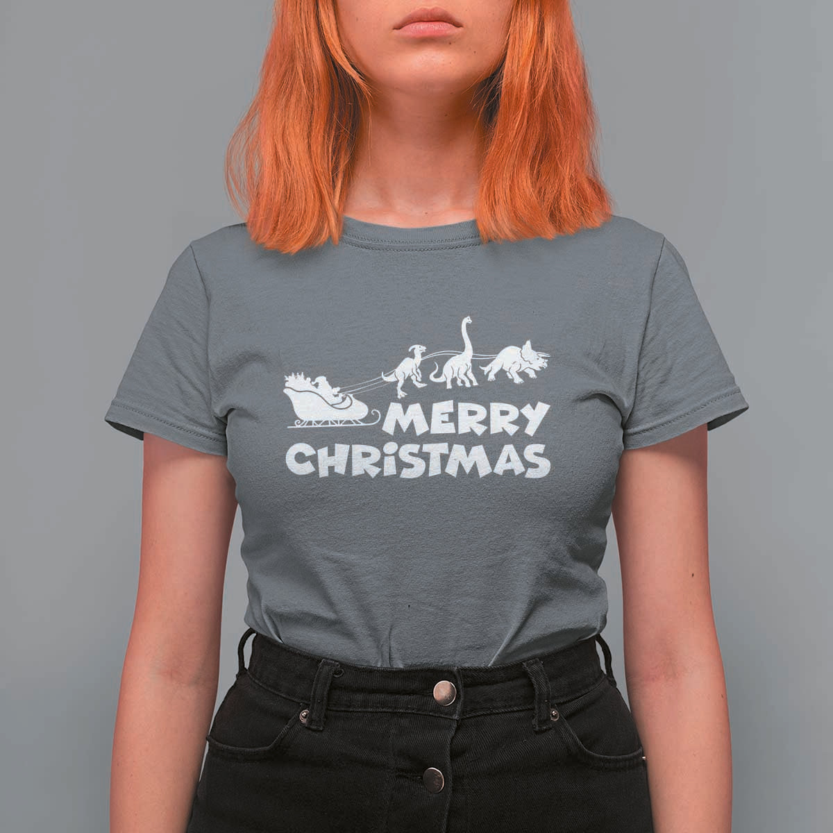 Funny Xmas Dinosaur T Shirt For Women Merry Christmas Dino Santa's Sleigh - Wonder Print Shop
