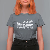 Funny Xmas Dinosaur T Shirt For Women Merry Christmas Dino Santa's Sleigh - Wonder Print Shop