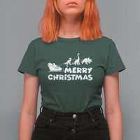 Funny Xmas Dinosaur T Shirt For Women Merry Christmas Dino Santa's Sleigh - Wonder Print Shop