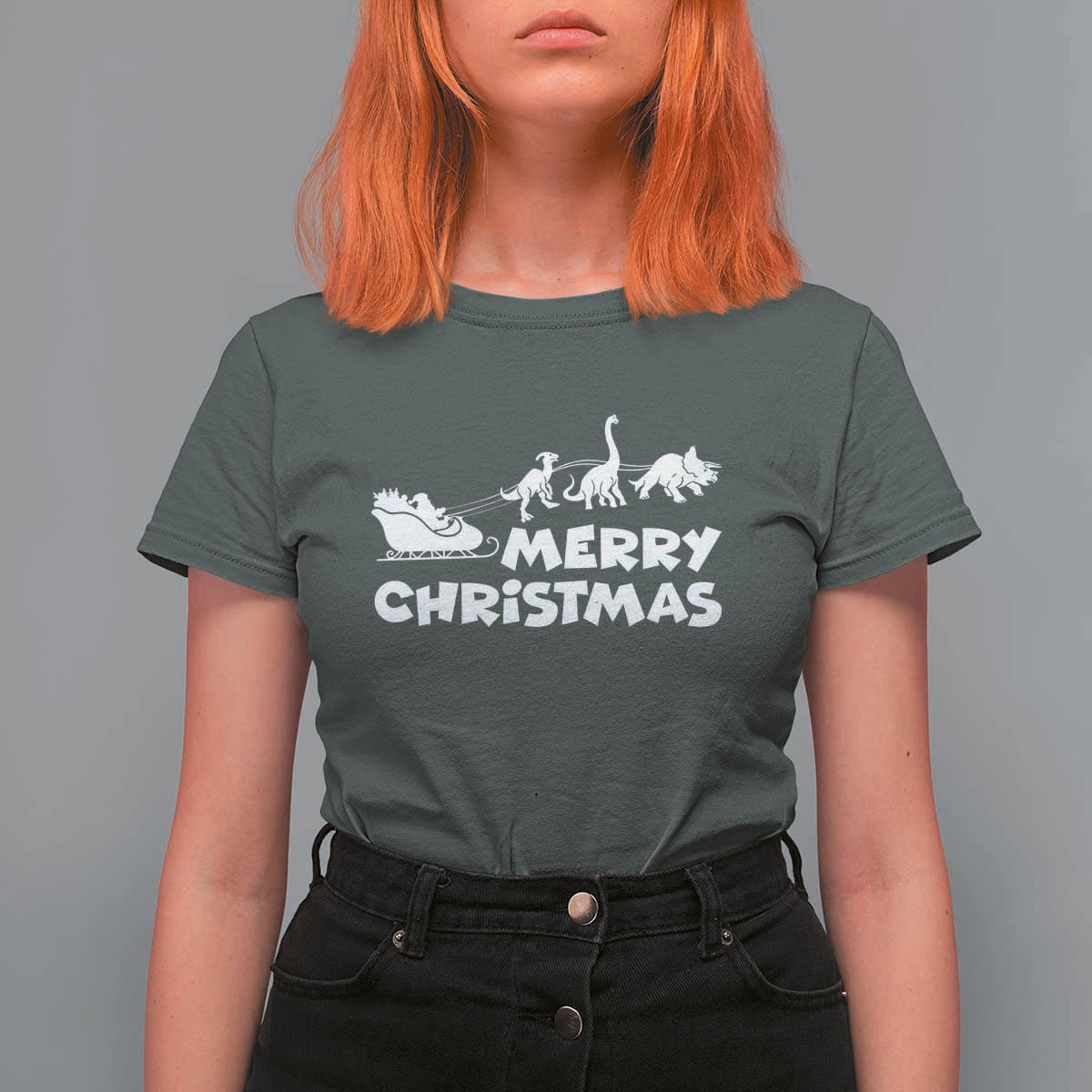 Funny Xmas Dinosaur T Shirt For Women Merry Christmas Dino Santa's Sleigh - Wonder Print Shop