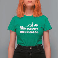 Funny Xmas Dinosaur T Shirt For Women Merry Christmas Dino Santa's Sleigh - Wonder Print Shop