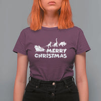 Funny Xmas Dinosaur T Shirt For Women Merry Christmas Dino Santa's Sleigh - Wonder Print Shop