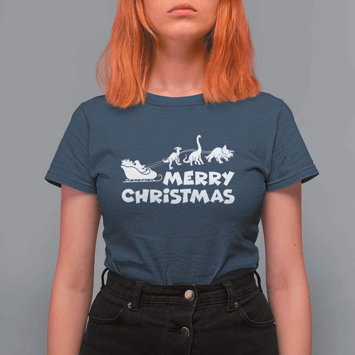 Funny Xmas Dinosaur T Shirt For Women Merry Christmas Dino Santa's Sleigh - Wonder Print Shop