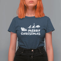 Funny Xmas Dinosaur T Shirt For Women Merry Christmas Dino Santa's Sleigh - Wonder Print Shop
