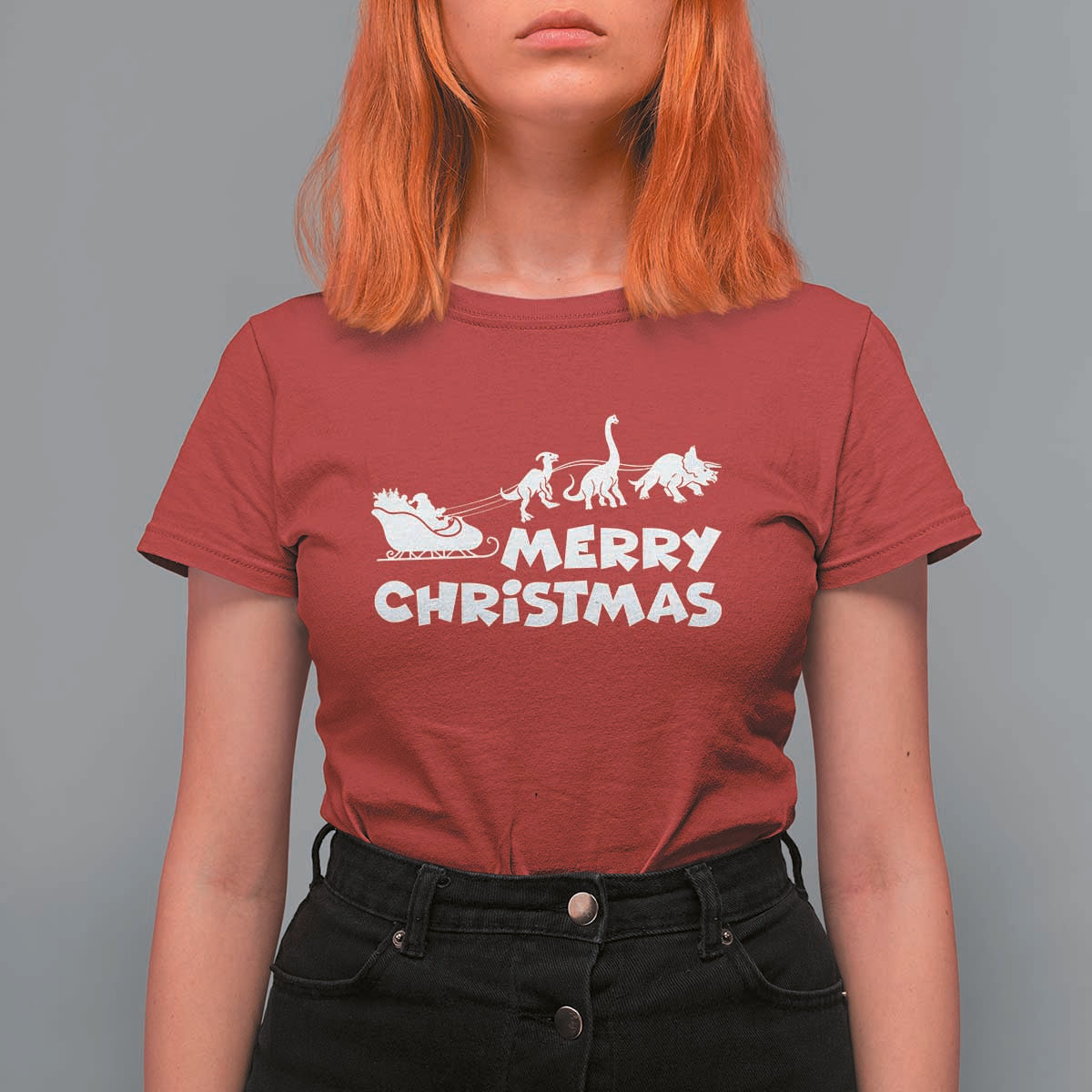 Funny Xmas Dinosaur T Shirt For Women Merry Christmas Dino Santa's Sleigh - Wonder Print Shop