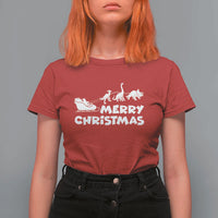 Funny Xmas Dinosaur T Shirt For Women Merry Christmas Dino Santa's Sleigh - Wonder Print Shop