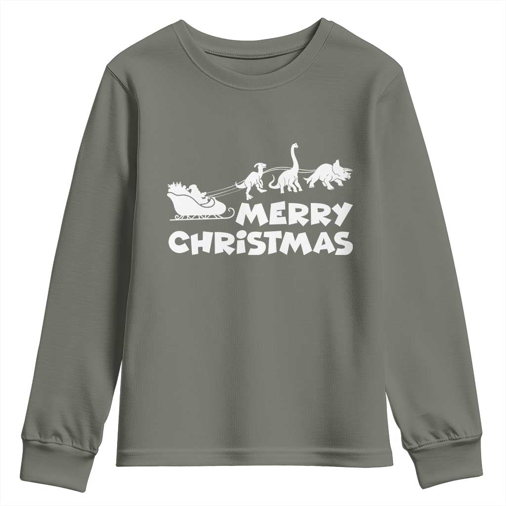 Funny Xmas Dinosaur Youth Sweatshirt Merry Christmas Dino Santa's Sleigh - Wonder Print Shop