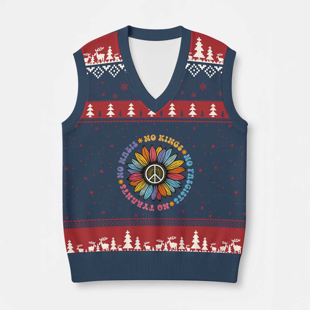 No Kings No Fascists No Tyrants No Nazis V-Neck Knit Sweater Vest Peace Floral Sunflower - Wonder Print Shop