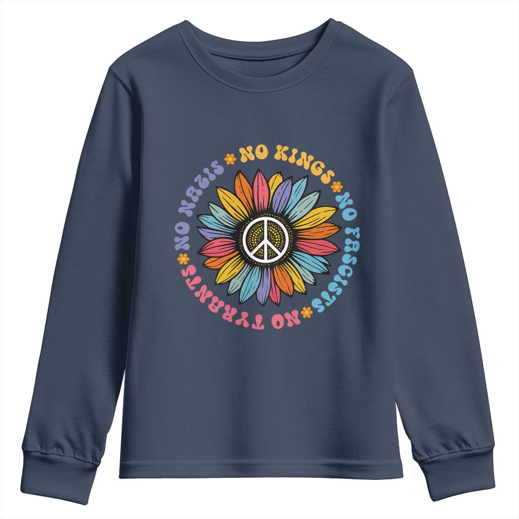 No Kings No Fascists No Tyrants No Nazis Youth Sweatshirt Peace Floral Sunflower - Wonder Print Shop