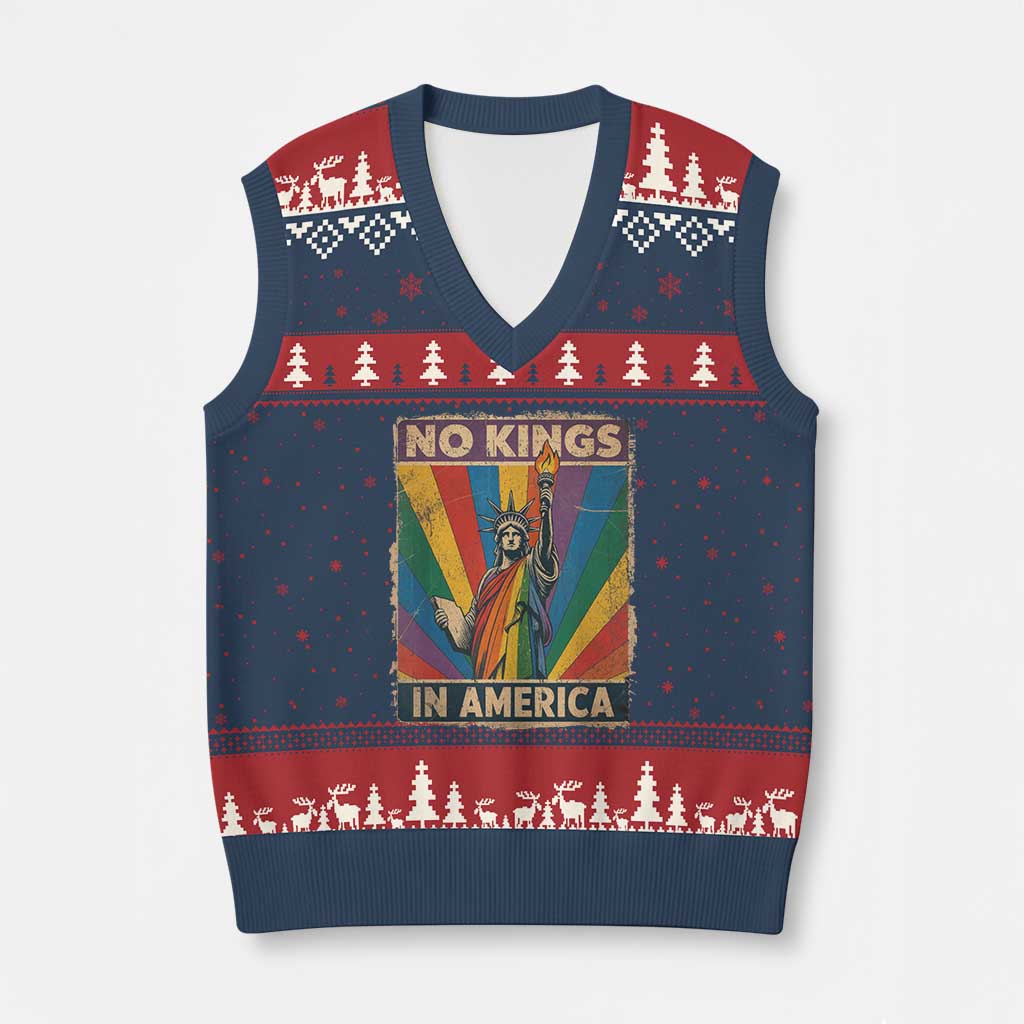 Funny No Kings In America LGBT V-Neck Knit Sweater Vest Retro Statue Of Liberty - Wonder Print Shop