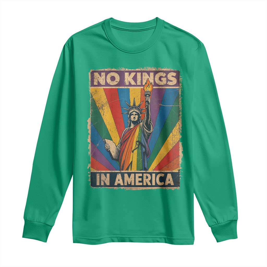 Funny No Kings In America LGBT Long Sleeve Shirt Retro Statue Of Liberty - Wonder Print Shop