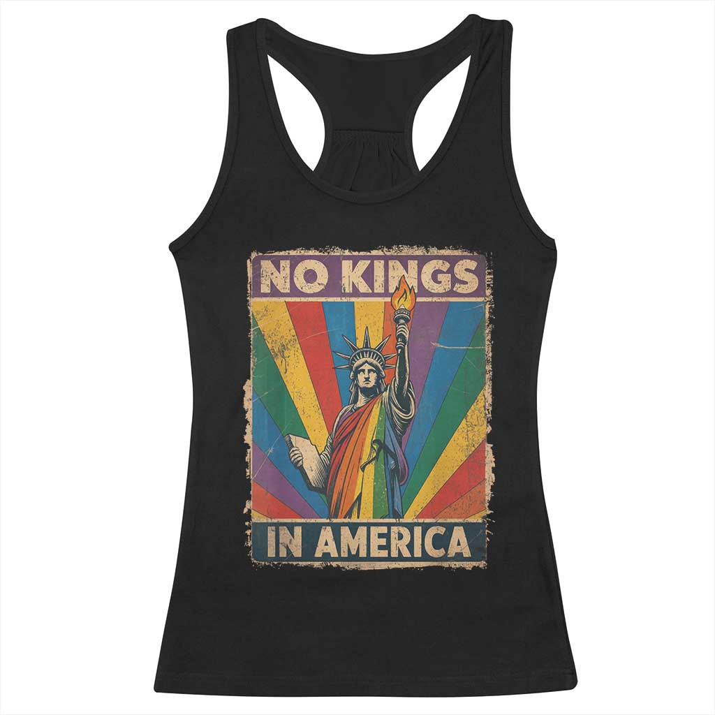 Funny No Kings In America LGBT Racerback Tank Top Retro Statue Of Liberty - Wonder Print Shop