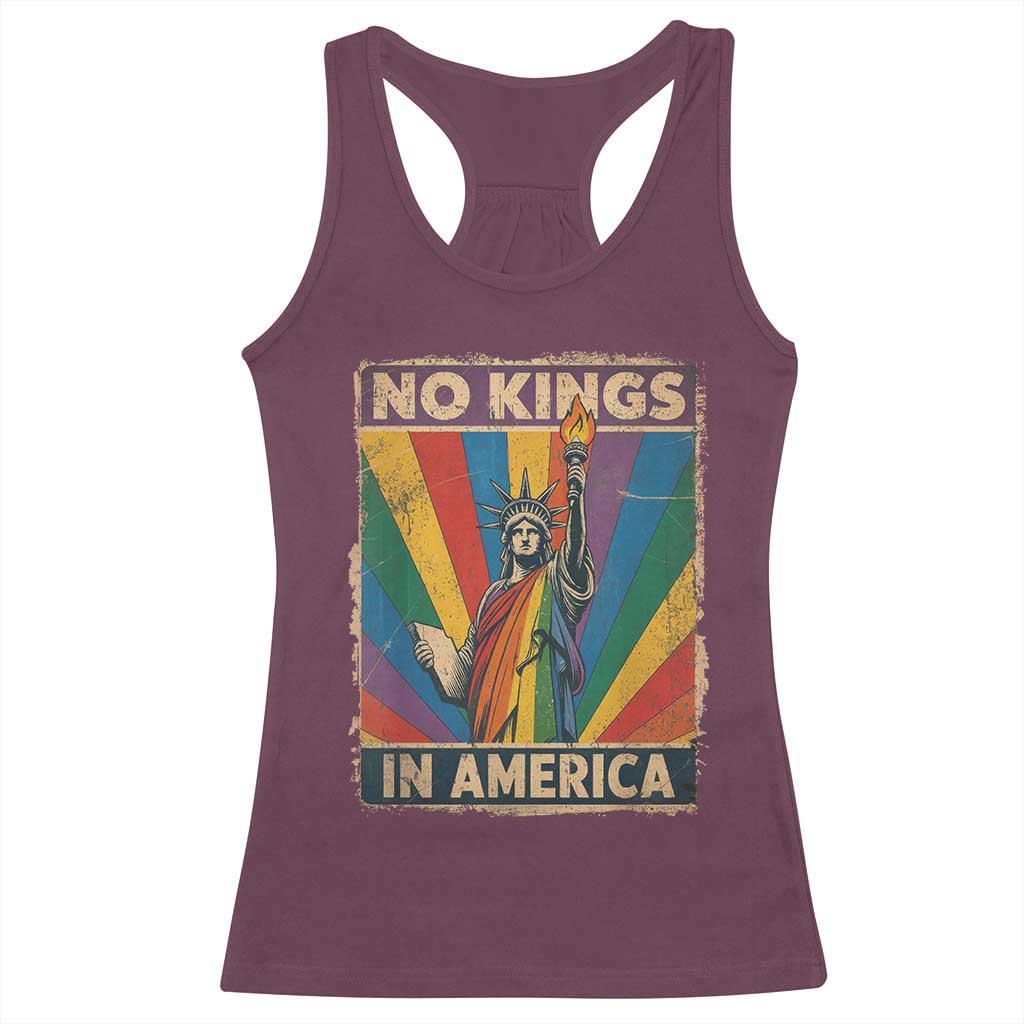 Funny No Kings In America LGBT Racerback Tank Top Retro Statue Of Liberty - Wonder Print Shop