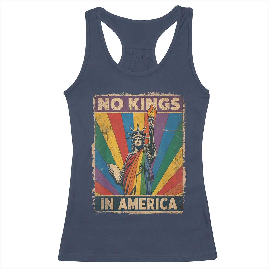 Funny No Kings In America LGBT Racerback Tank Top Retro Statue Of Liberty - Wonder Print Shop