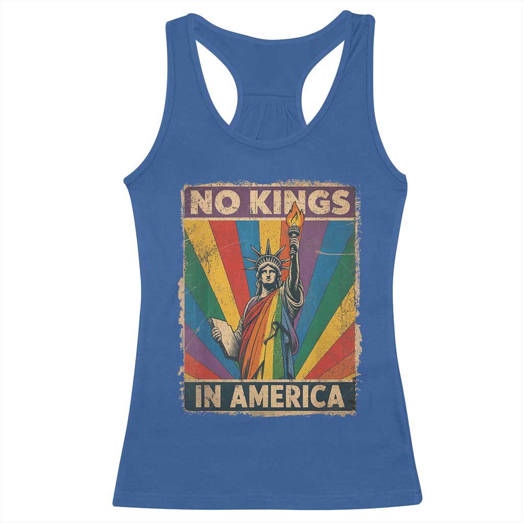 Funny No Kings In America LGBT Racerback Tank Top Retro Statue Of Liberty - Wonder Print Shop