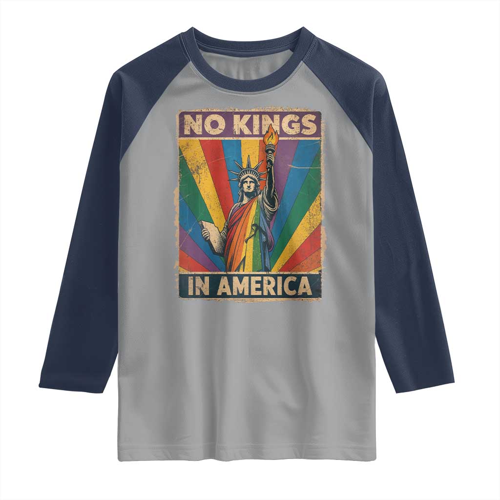 Funny No Kings In America LGBT Raglan Shirt Retro Statue Of Liberty - Wonder Print Shop