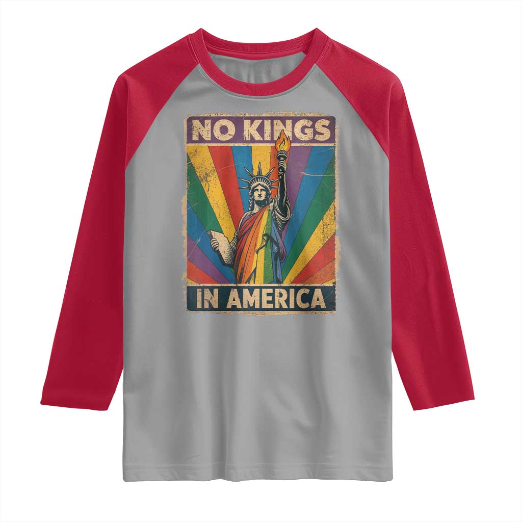 Funny No Kings In America LGBT Raglan Shirt Retro Statue Of Liberty - Wonder Print Shop