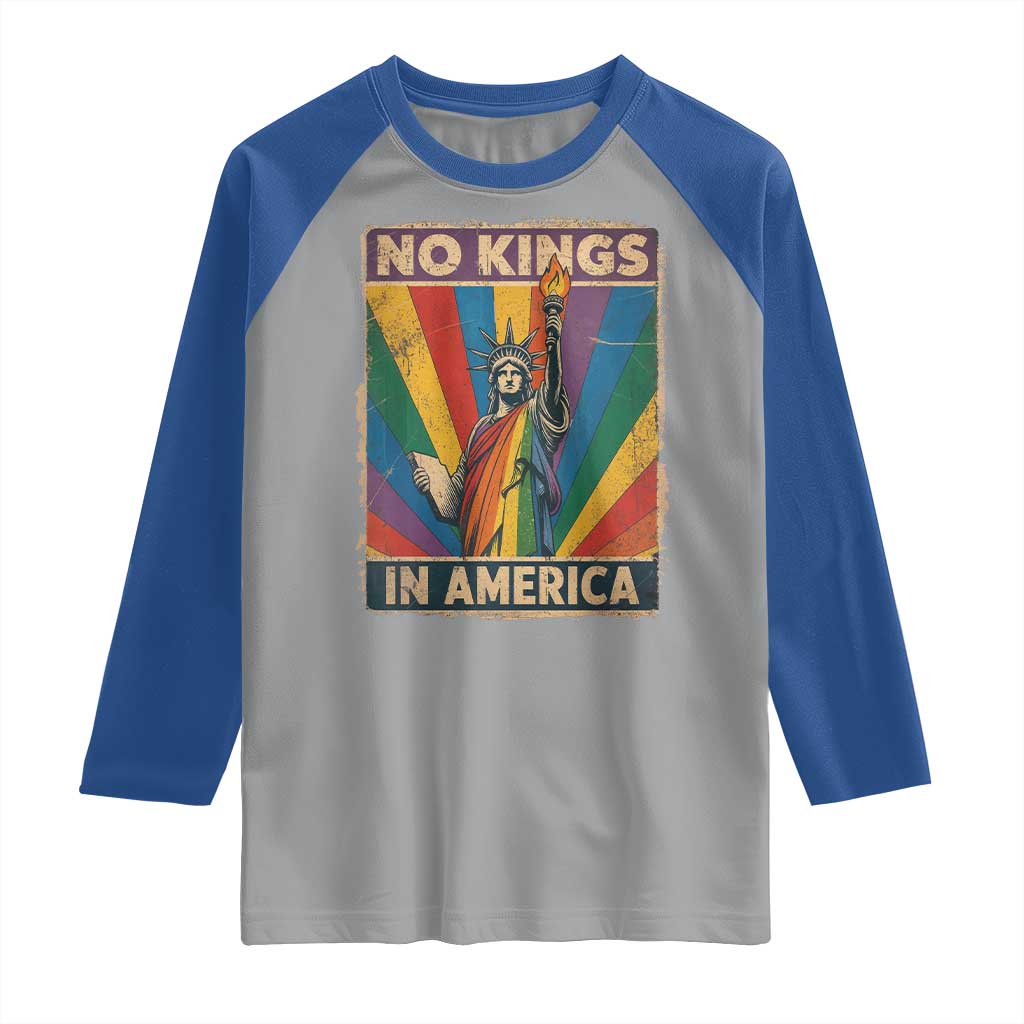 Funny No Kings In America LGBT Raglan Shirt Retro Statue Of Liberty - Wonder Print Shop