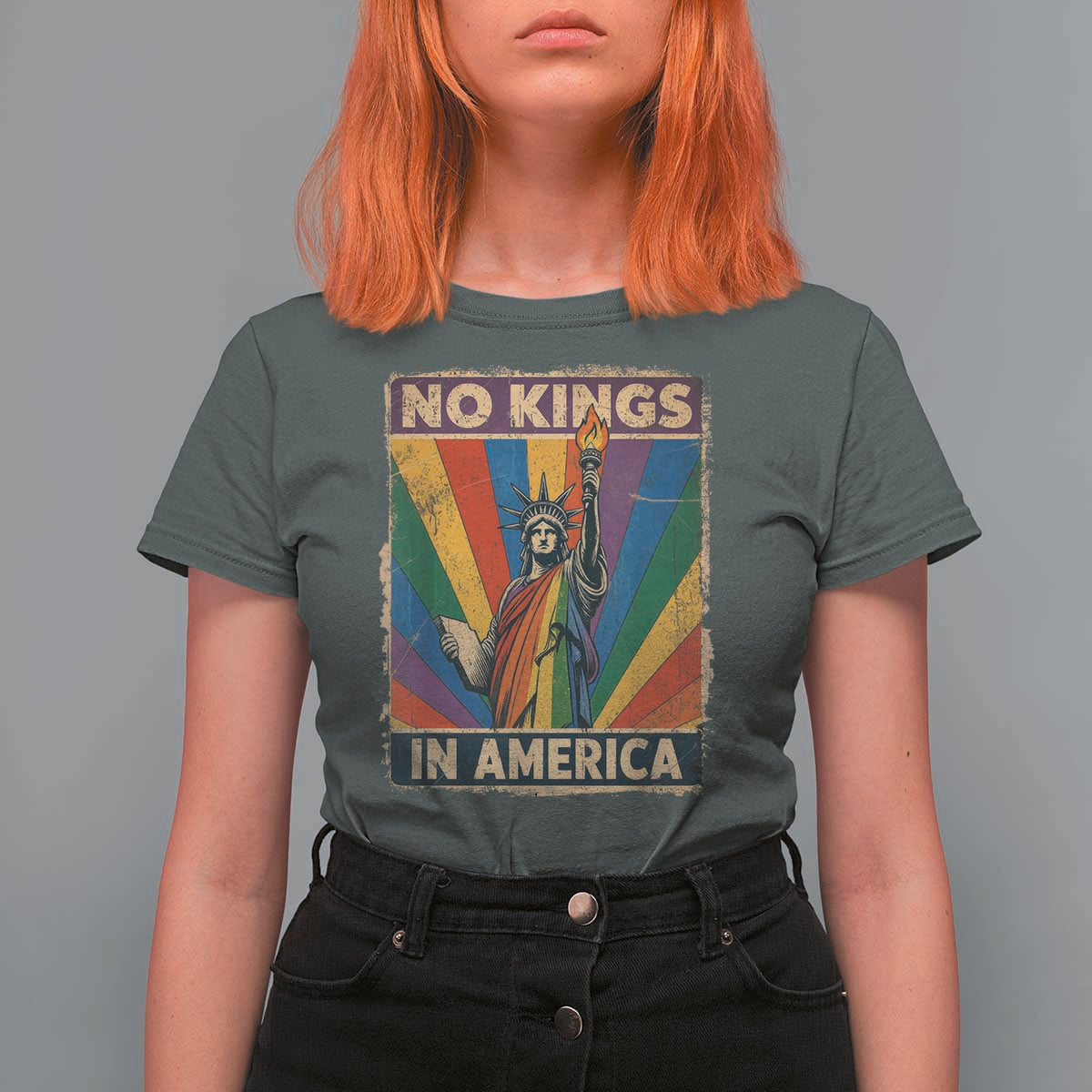 Funny No Kings In America LGBT T Shirt For Women Retro Statue Of Liberty - Wonder Print Shop
