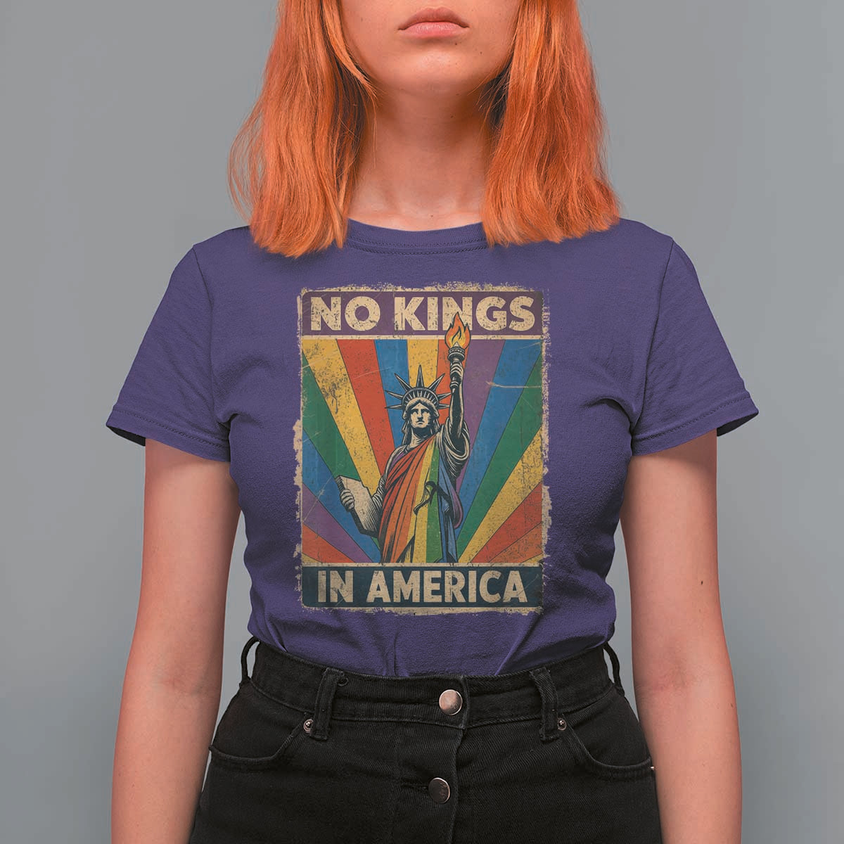 Funny No Kings In America LGBT T Shirt For Women Retro Statue Of Liberty - Wonder Print Shop