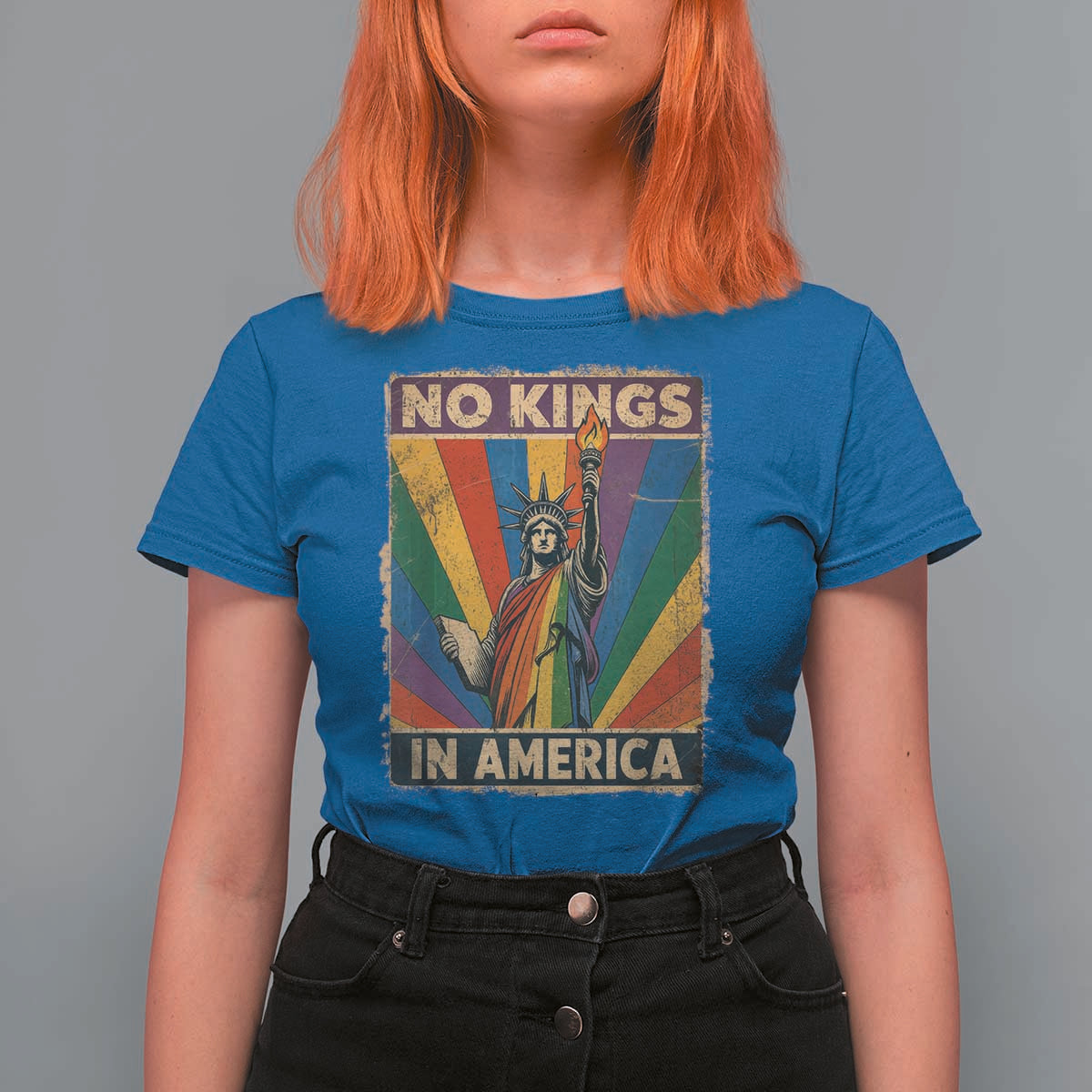 Funny No Kings In America LGBT T Shirt For Women Retro Statue Of Liberty - Wonder Print Shop