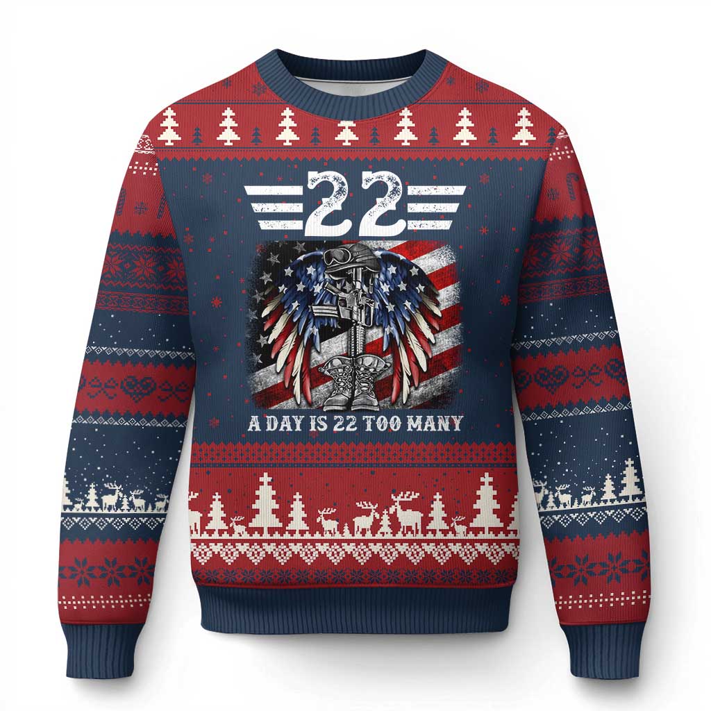 Veteran Suicide Awareness Ugly Christmas Sweater 22 A Day Is 22 Too Many Vintage American Flag - Wonder Print Shop