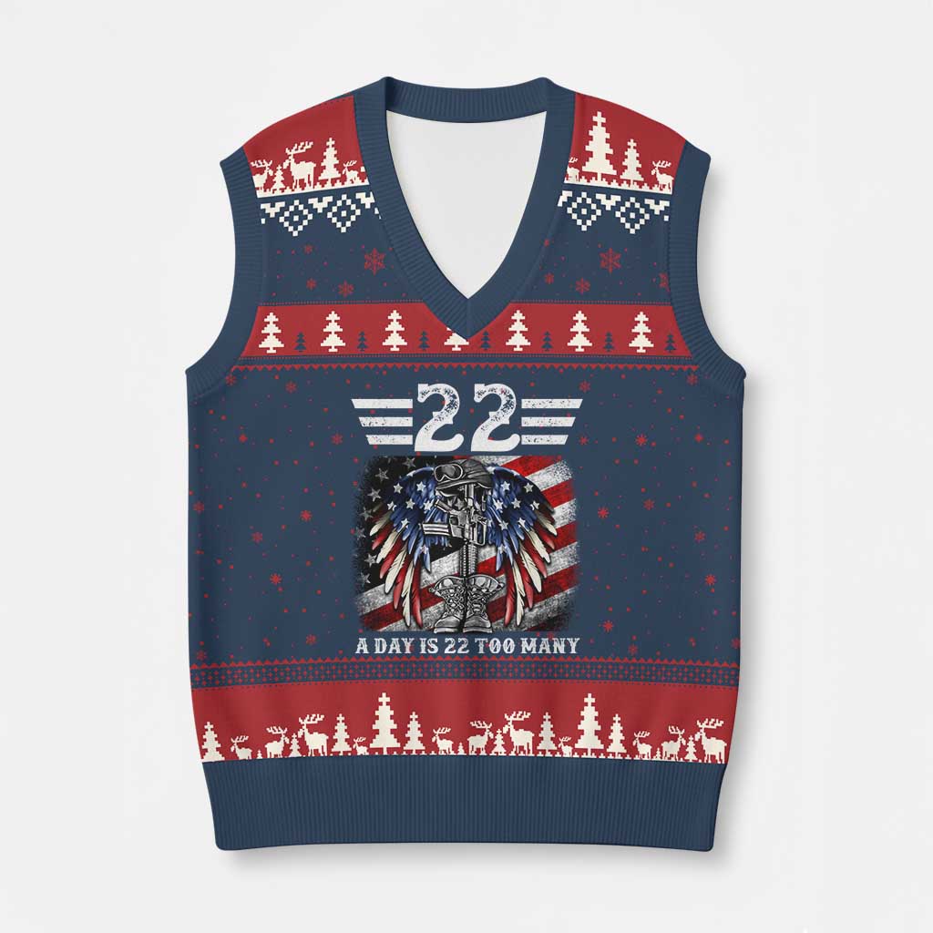 Veteran Suicide Awareness V-Neck Knit Sweater Vest 22 A Day Is 22 Too Many Vintage American Flag - Wonder Print Shop