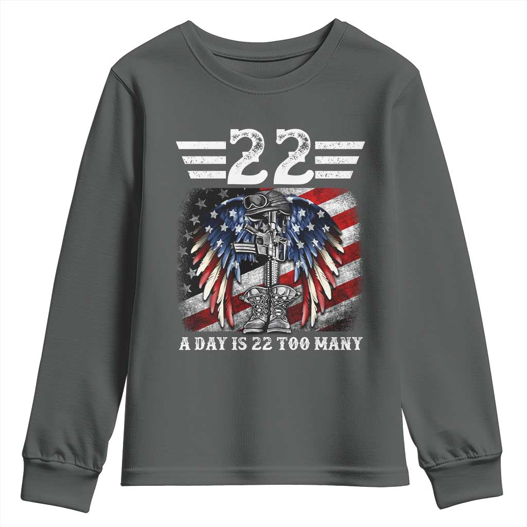 Veteran Suicide Awareness Youth Sweatshirt 22 A Day Is 22 Too Many Vintage American Flag - Wonder Print Shop