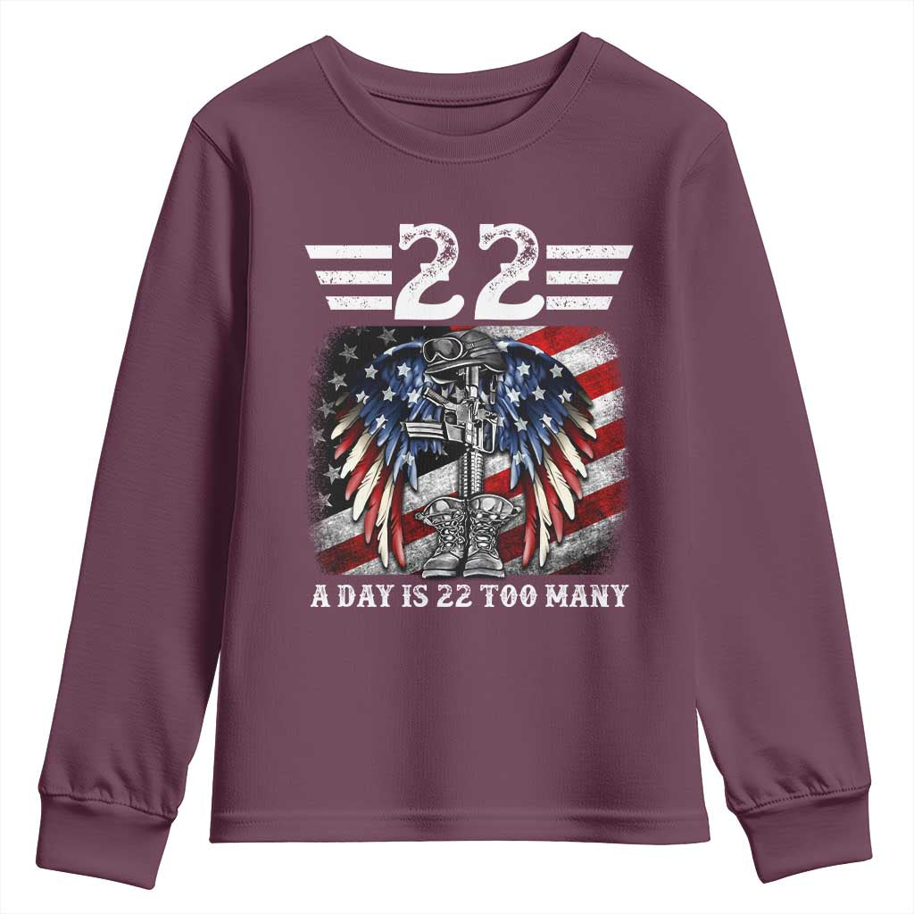 Veteran Suicide Awareness Youth Sweatshirt 22 A Day Is 22 Too Many Vintage American Flag - Wonder Print Shop