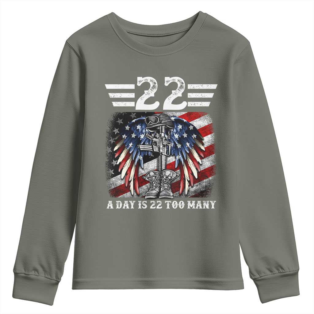 Veteran Suicide Awareness Youth Sweatshirt 22 A Day Is 22 Too Many Vintage American Flag - Wonder Print Shop