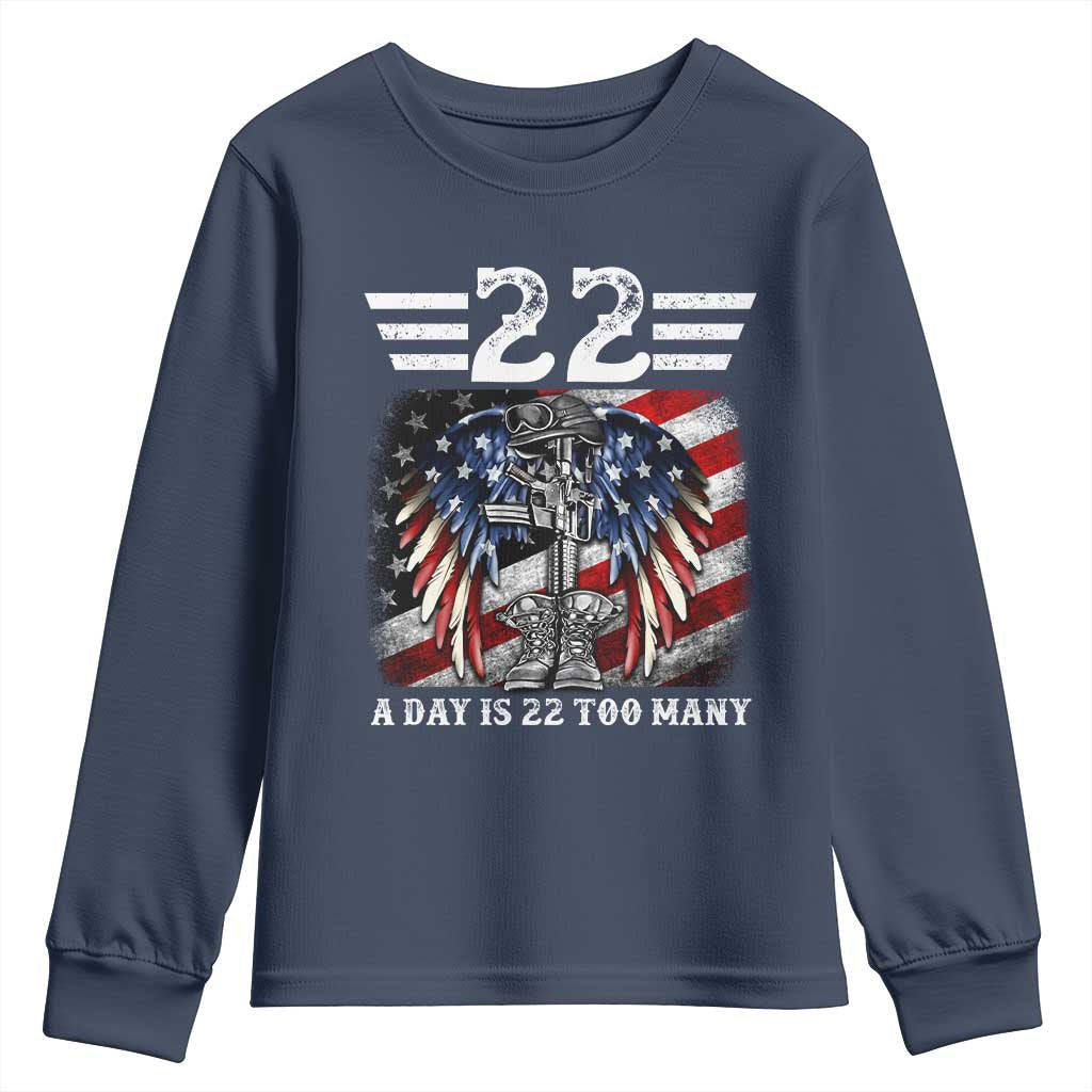 Veteran Suicide Awareness Youth Sweatshirt 22 A Day Is 22 Too Many Vintage American Flag - Wonder Print Shop