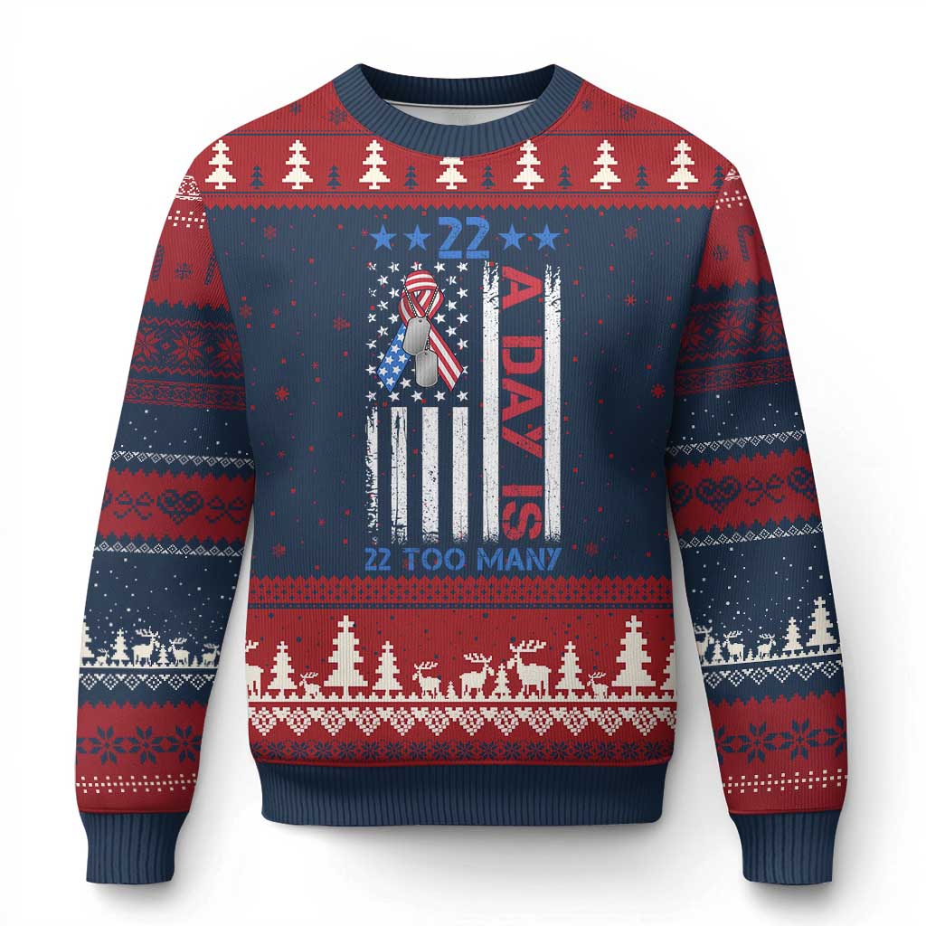 Veteran Suicide Awareness Ugly Christmas Sweater 22 A Day Is 22 Too Many American Flag - Wonder Print Shop