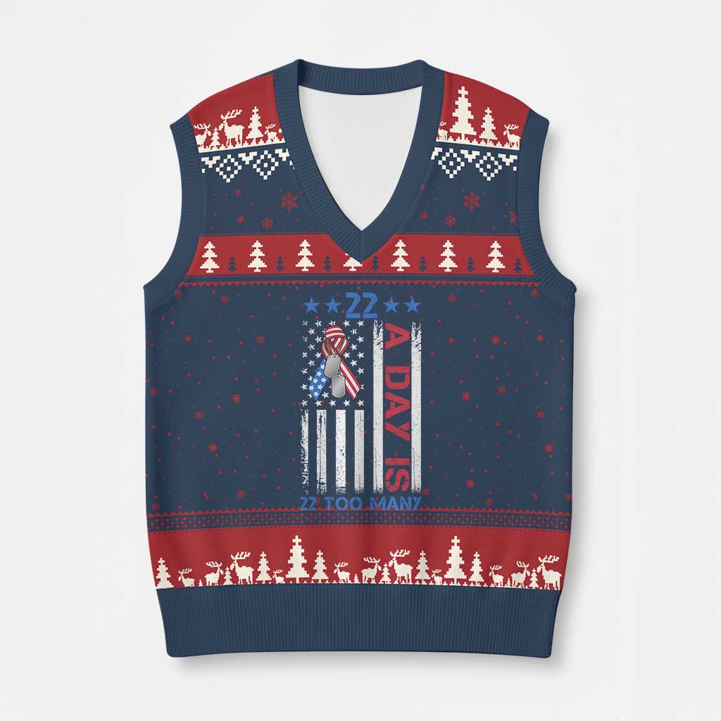 Veteran Suicide Awareness V-Neck Knit Sweater Vest 22 A Day Is 22 Too Many American Flag - Wonder Print Shop