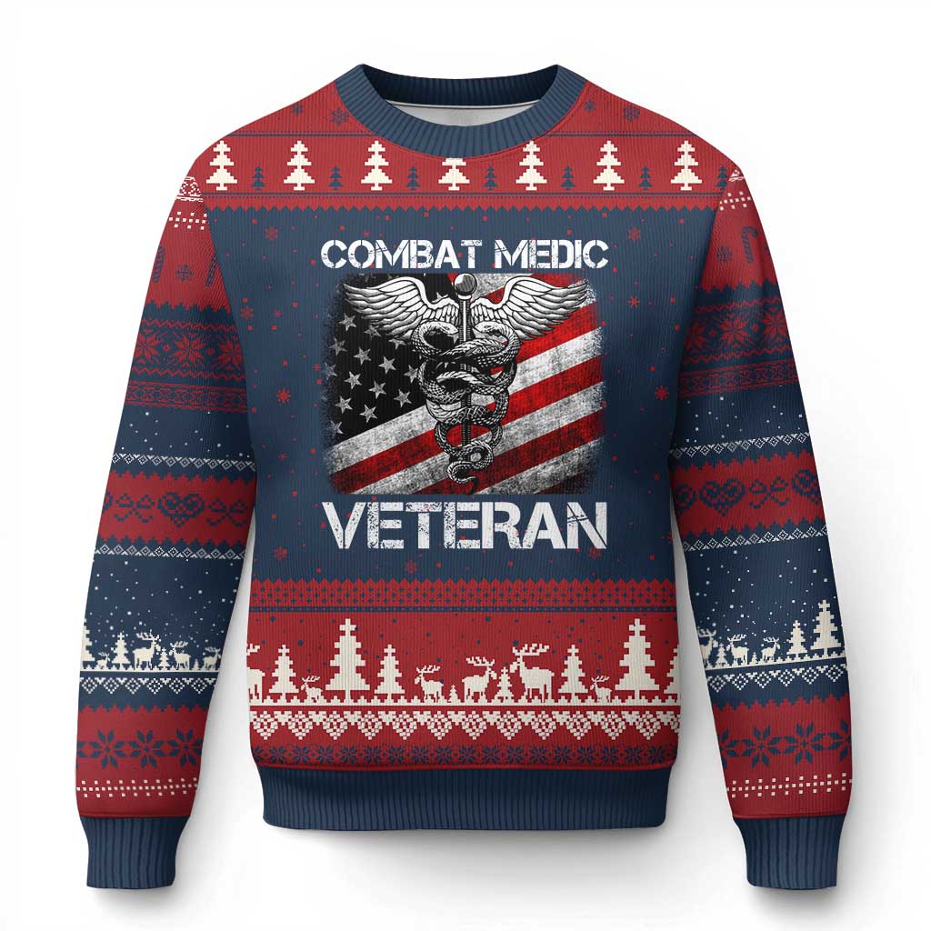 Combat Medic Veteran Ugly Christmas Sweater Medical Military Soldier Vintage American Flag - Wonder Print Shop